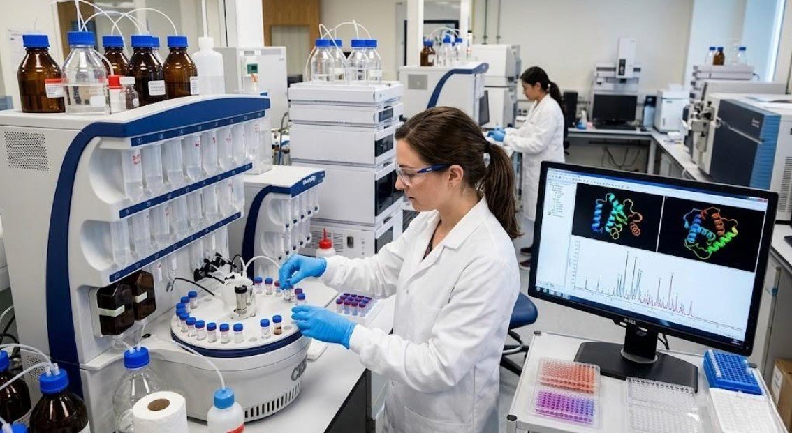 Research laboratory equipment used for peptide and molecular analysis
