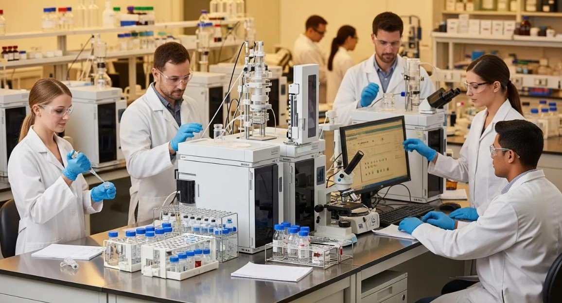 Scientists conducting peptide research in a biotechnology laboratory