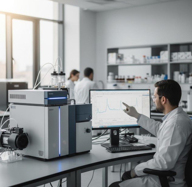 Scientist working with HPLC and mass spectrometry analytical equipment